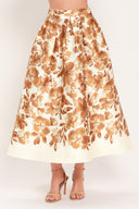 A high-waisted A-line midi skirt with a brown floral print | Flying Tomato