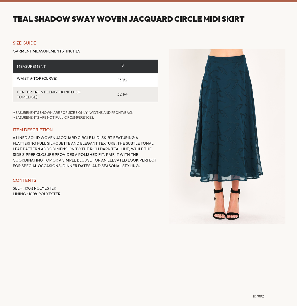 TEAL SHADOW SWAY WOVEN JACQUARD CIRCLE MIDI SKIRT size chart