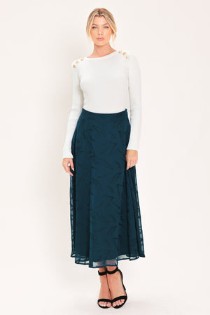 A dark teal blue midi skirt with a subtle tonal leaf pattern | Flying Tomato