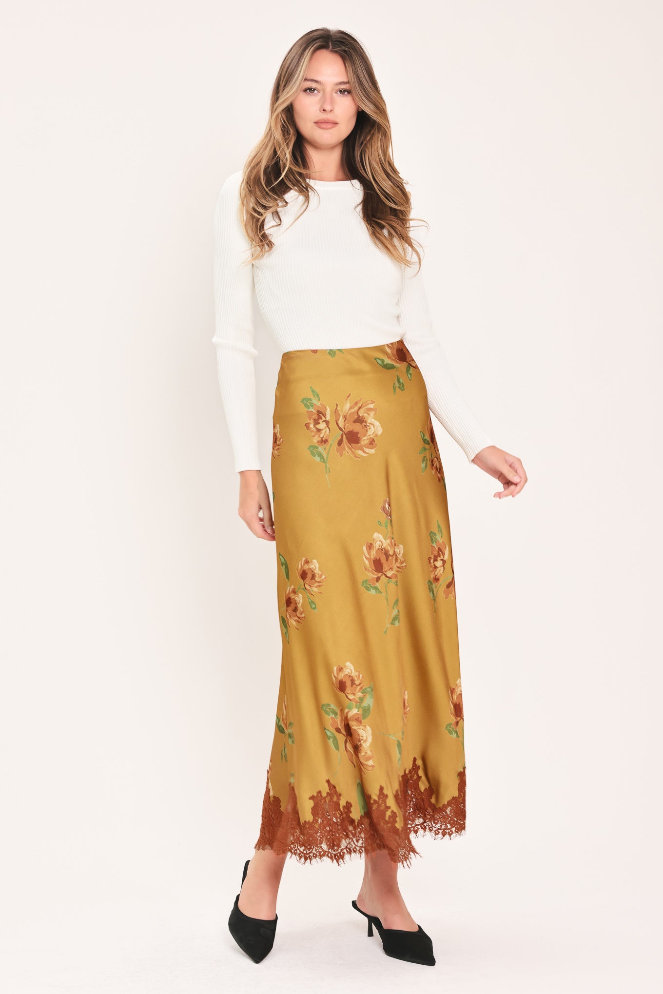 A camel yellow midi skirt with a brown and green floral print and a brown lace hem | Flying Tomato