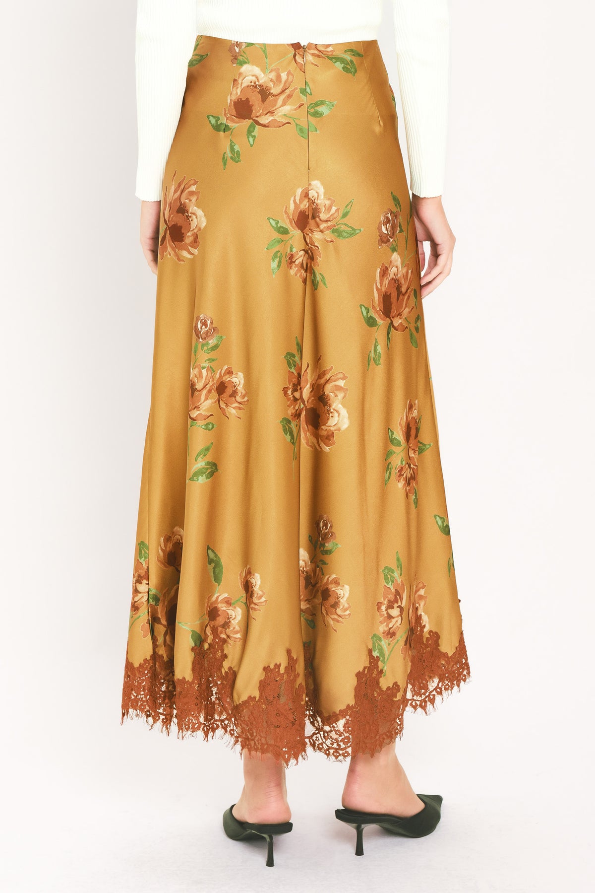 A camel yellow midi skirt with a brown and green floral print and a brown lace hem | Flying Tomato