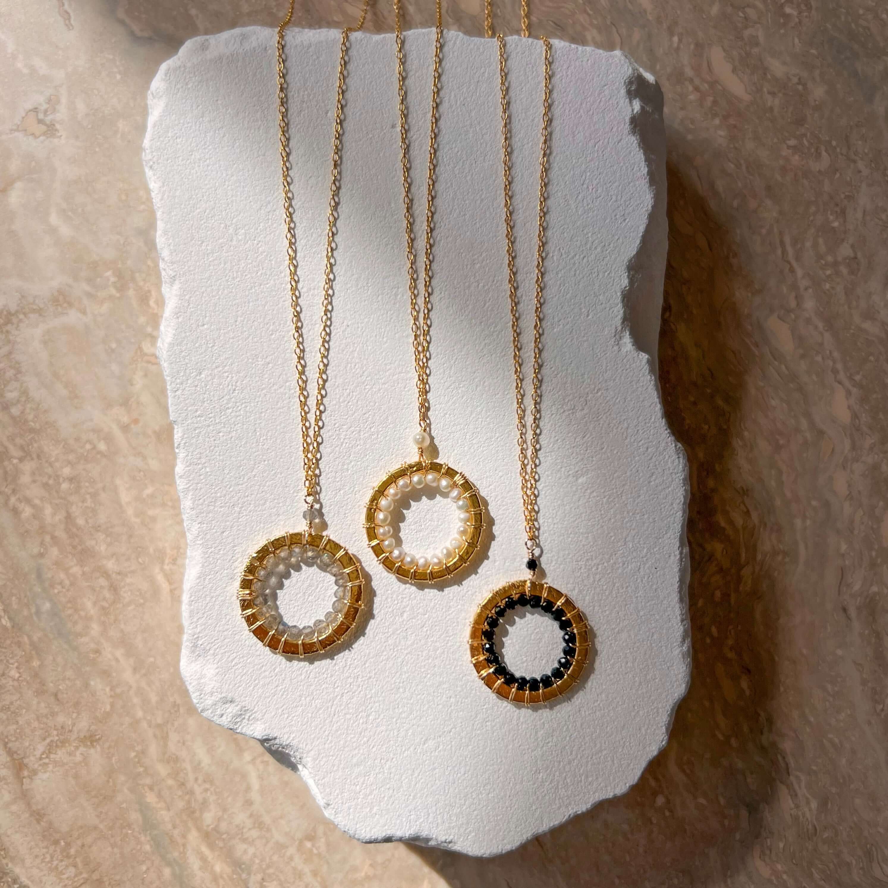 Pearl, Labradorite and Black Spinel Halo Mini Gold Pendant