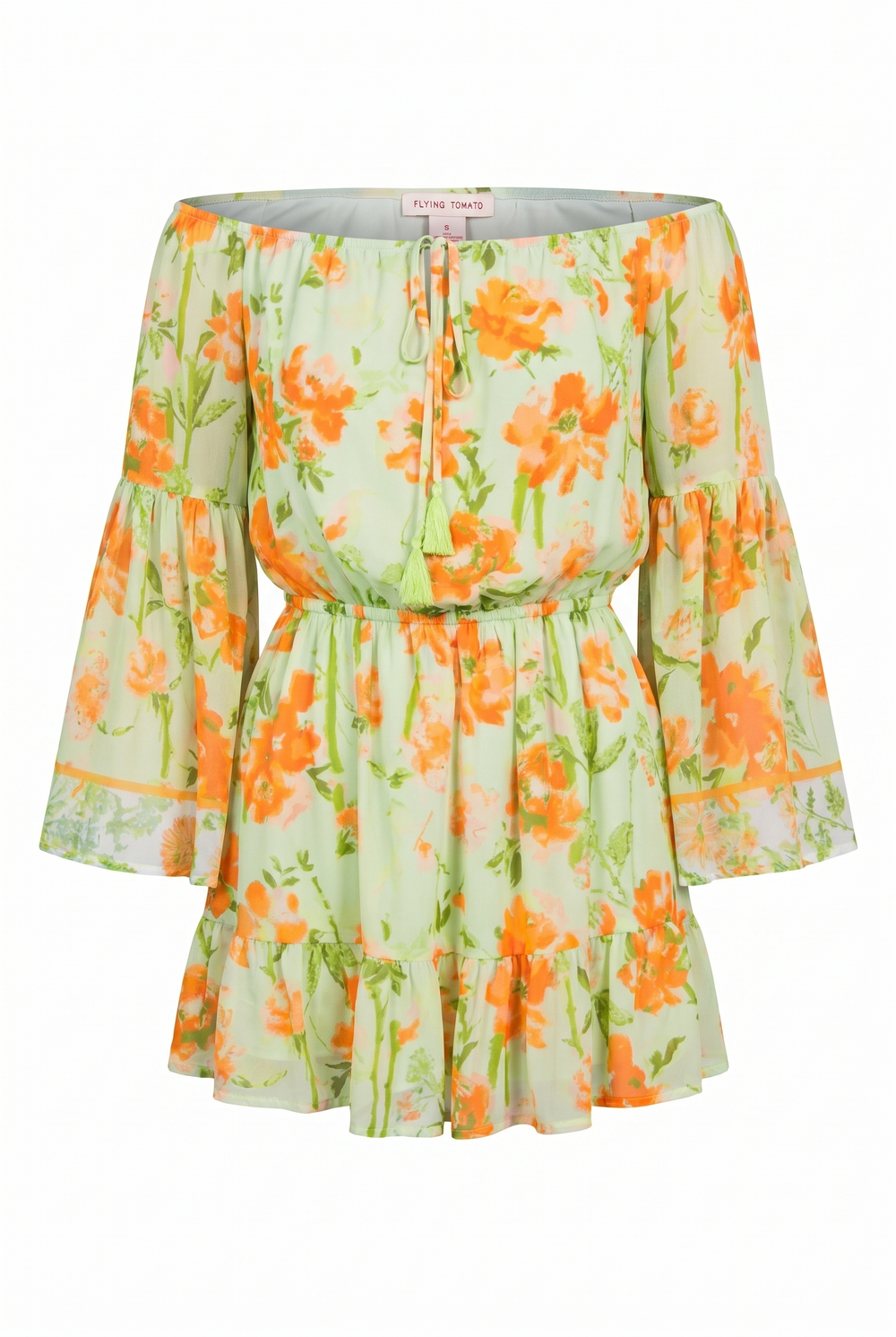 Off the shoulder boho long sleeve sage green mini dress with orange floral design | Flying Tomato