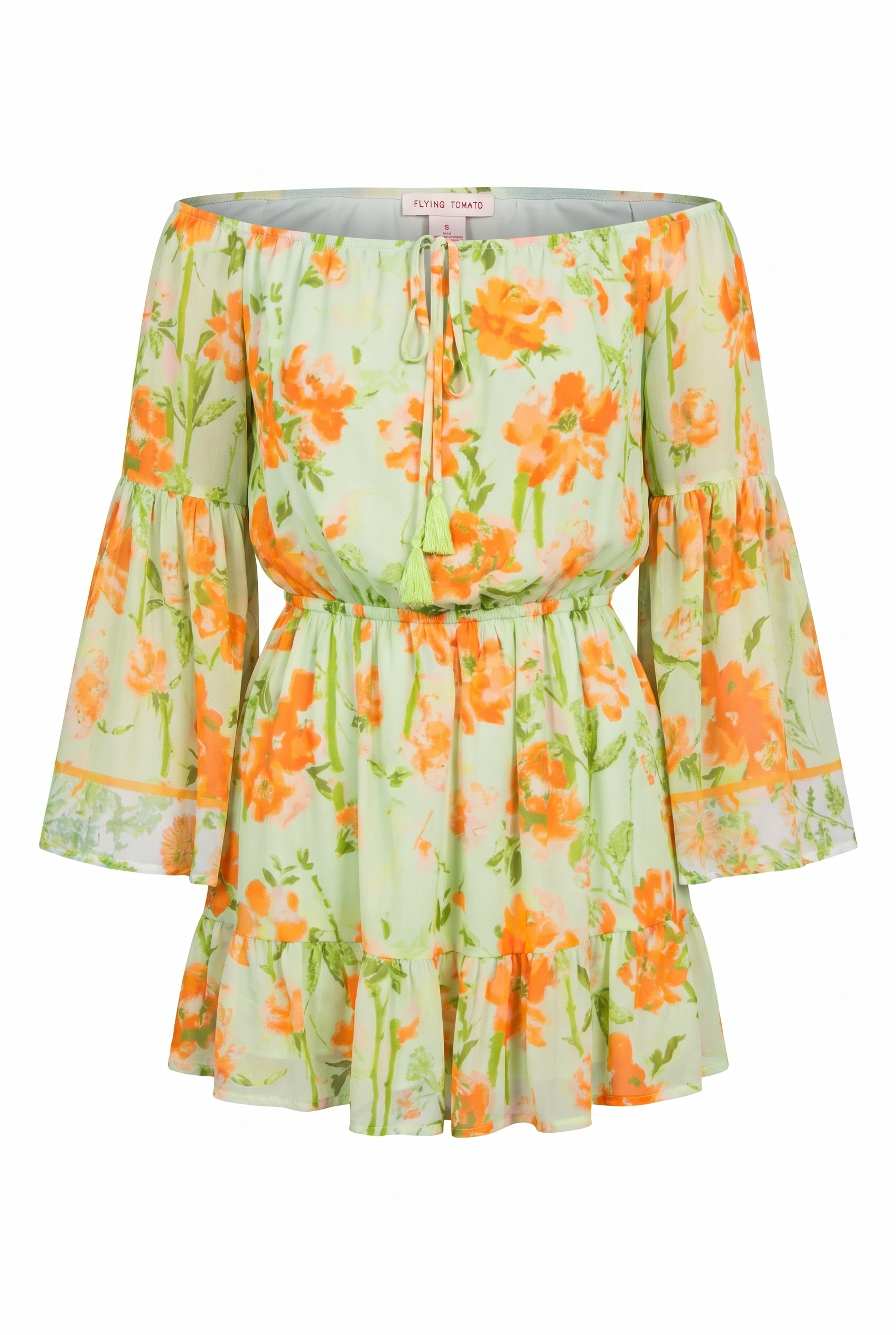 Off the shoulder boho long sleeve sage green mini dress with orange floral design | Flying Tomato