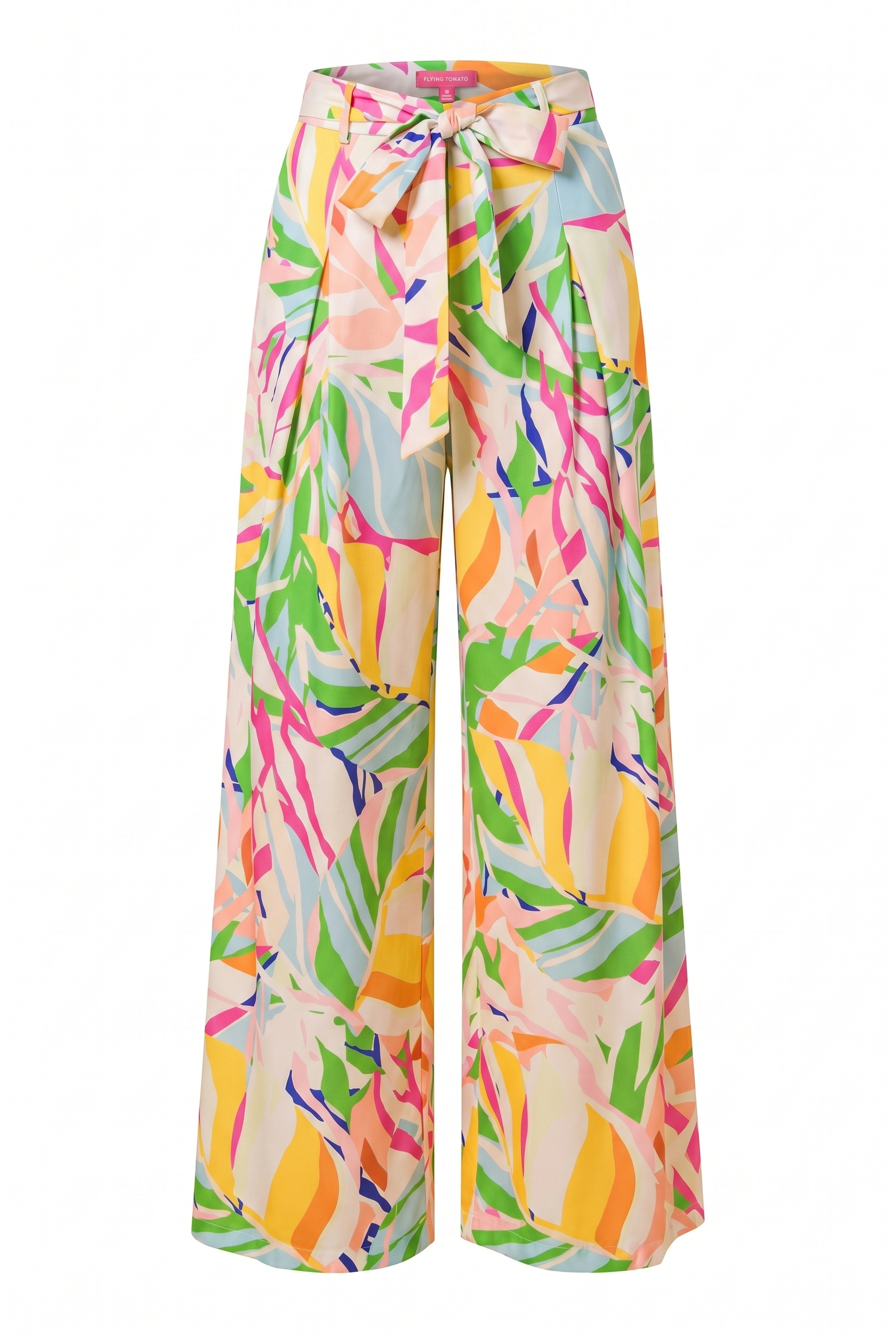 Wide leg pants with a bright geometrical print and a self tie bow | Flying Tomato