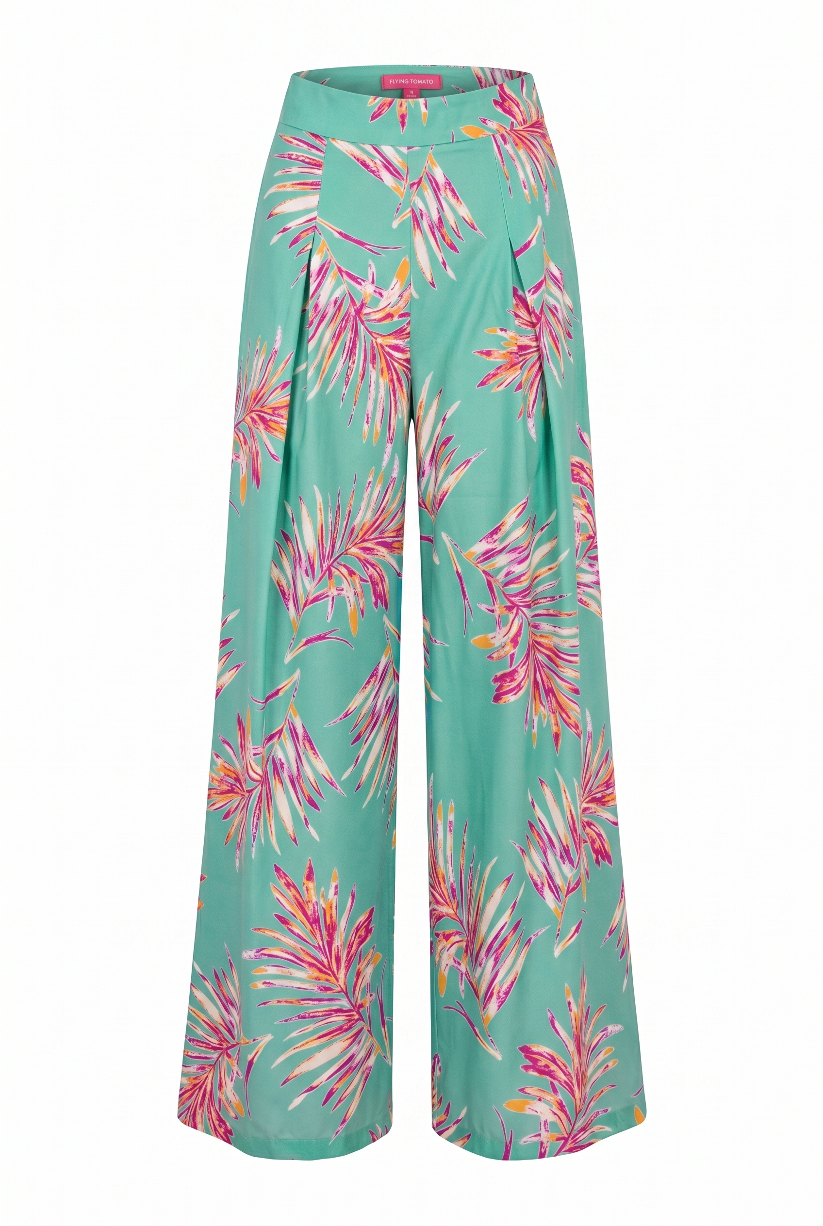 Turquoise wide leg pants with fuchsia palms | Flying Tomato 