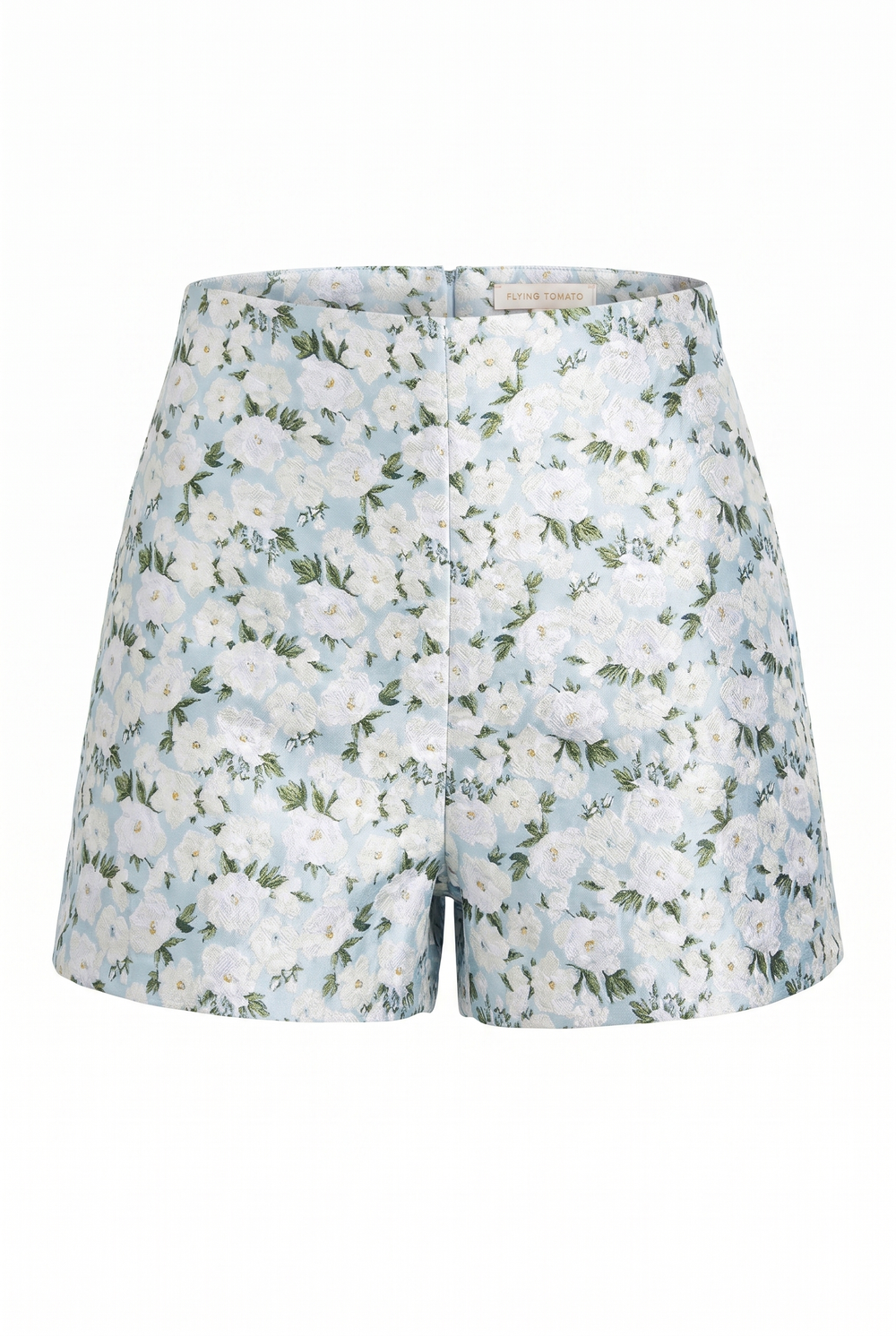 Blue jacquard shorts with white flowers printed on over a white background | Flying Tomato