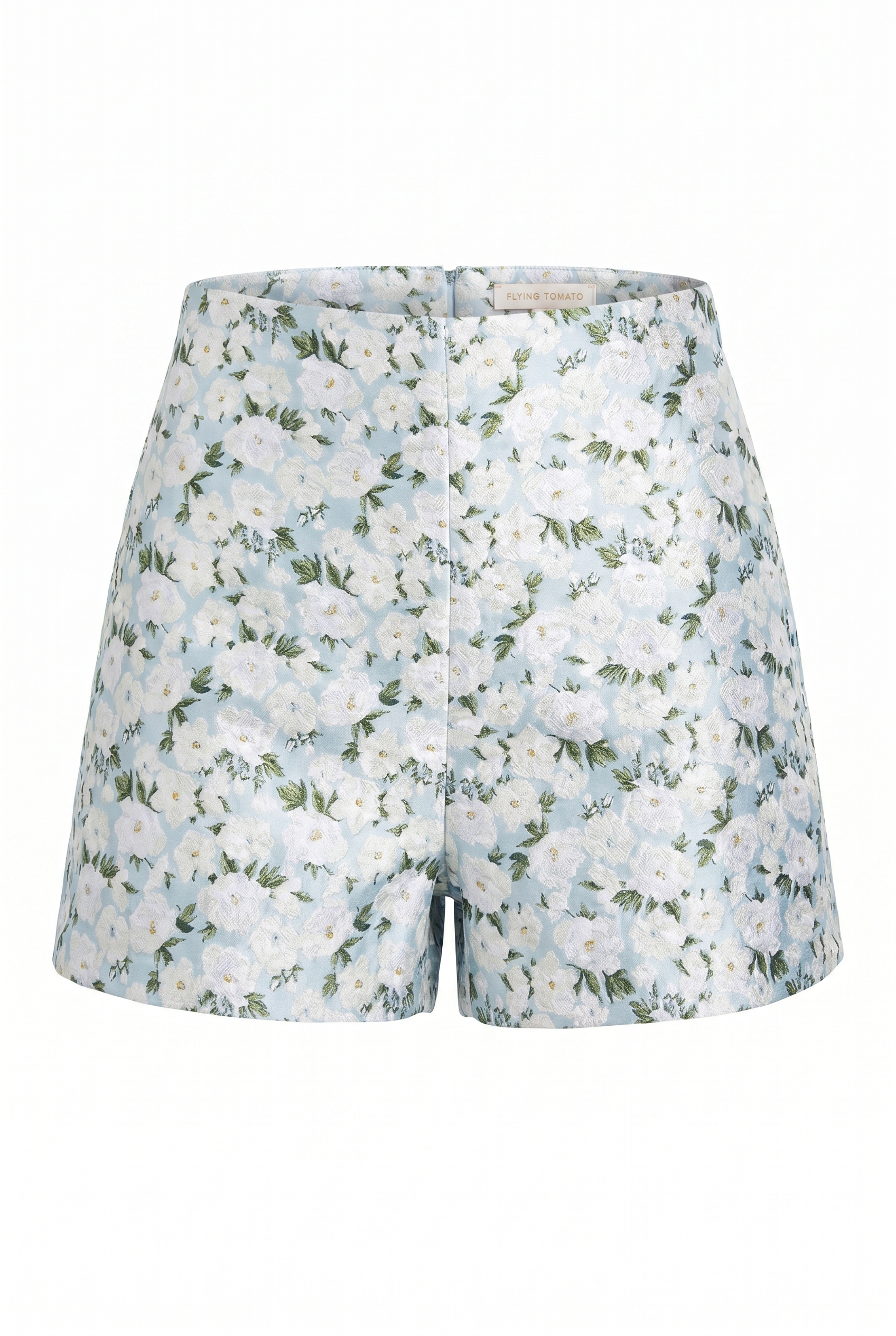 Blue jacquard shorts with white flowers printed on over a white background | Flying Tomato