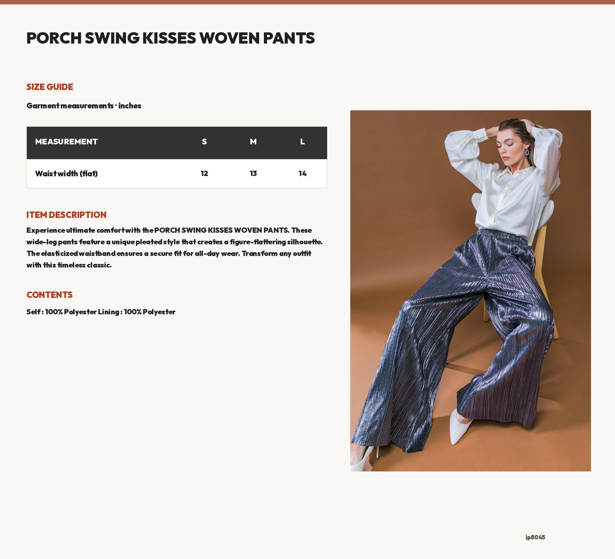 PORCH SWING KISSES WOVEN PANTS size chart