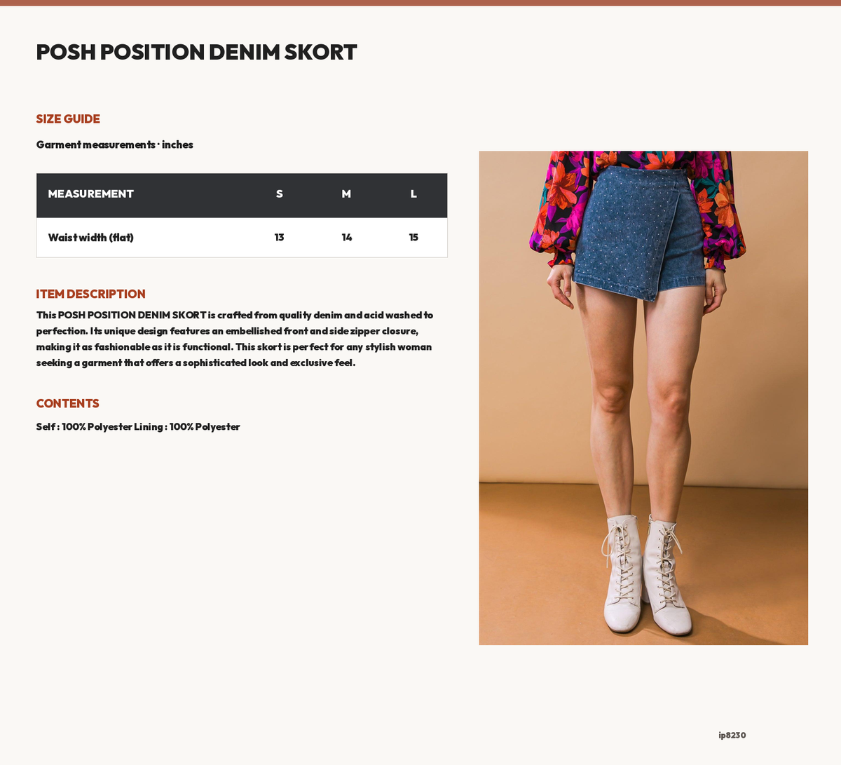POSH POSITION DENIM SKORT size chart