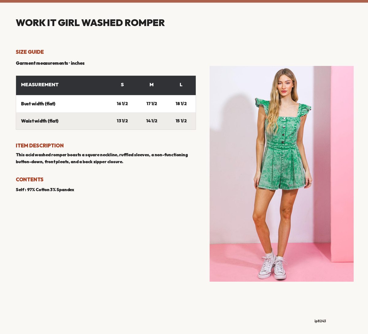 WORK IT GIRL WASHED ROMPER size chart