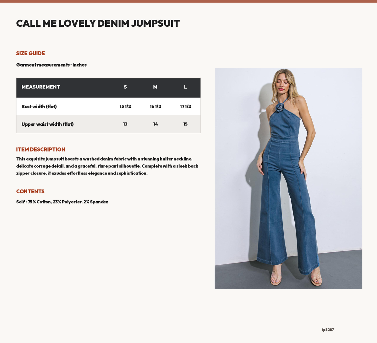 CALL ME LOVELY DENIM JUMPSUIT size chart
