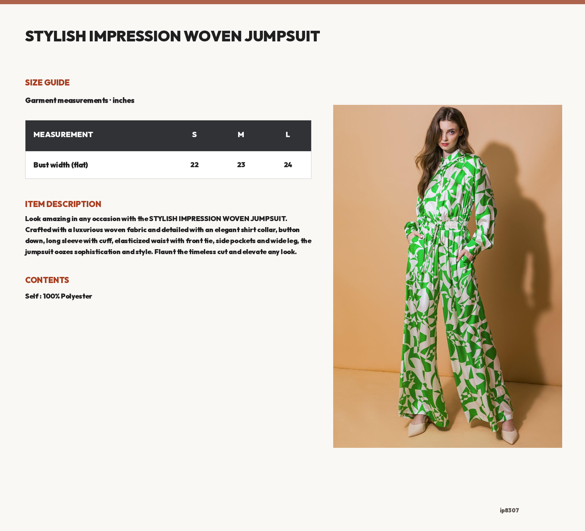 STYLISH IMPRESSION WOVEN JUMPSUIT size chart