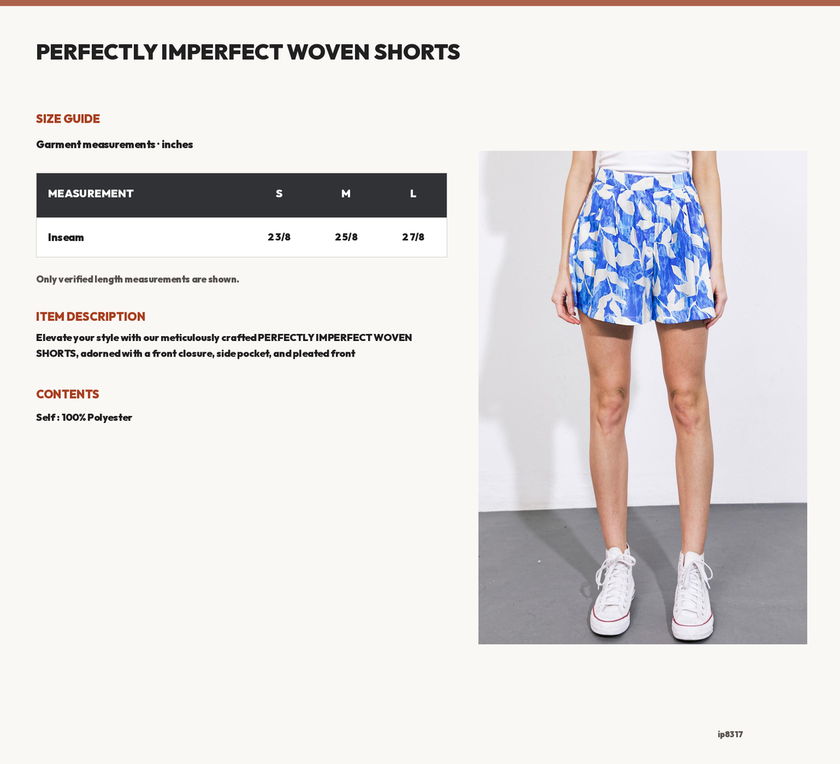 PERFECTLY IMPERFECT WOVEN SHORTS size chart