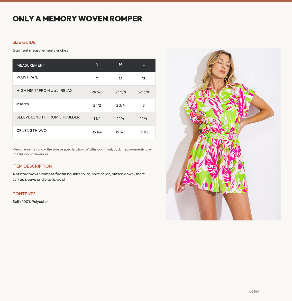 ONLY A MEMORY WOVEN ROMPER size chart