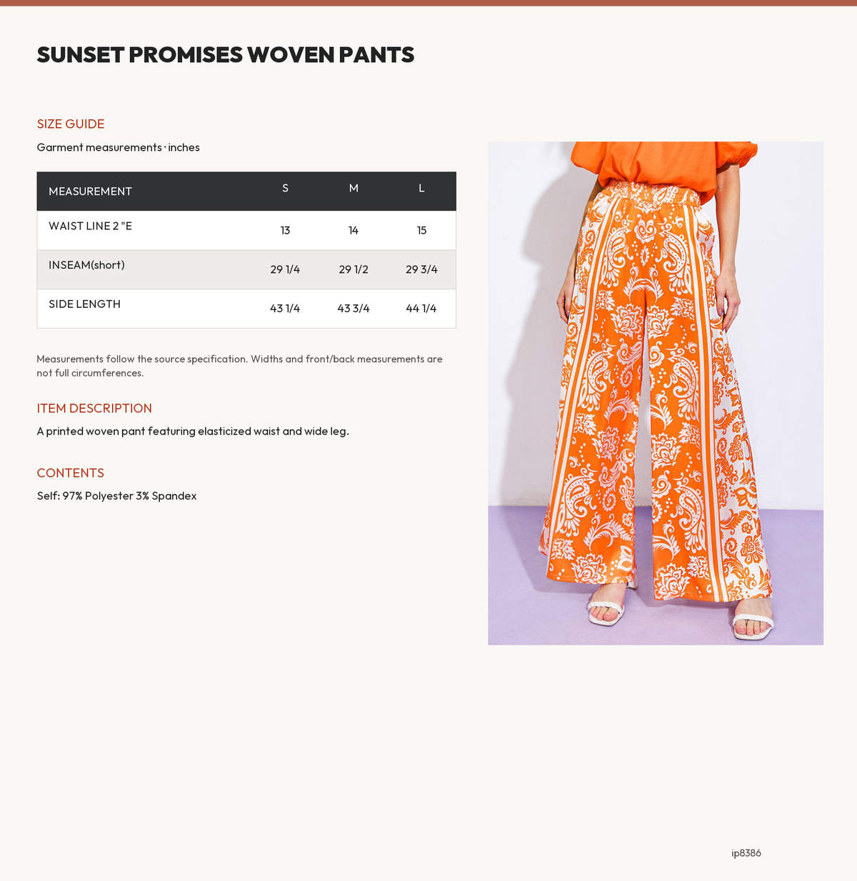 SUNSET PROMISES WOVEN PANTS size chart