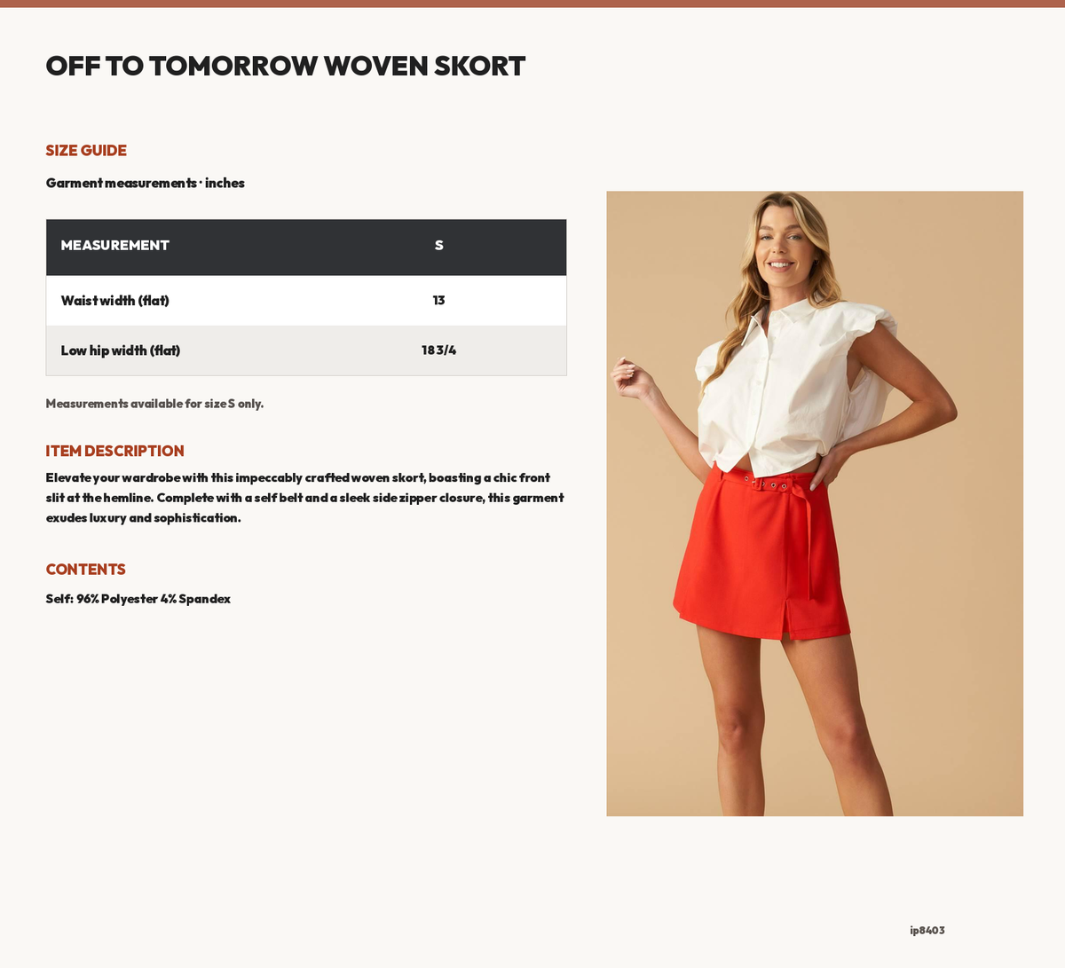 OFF TO TOMORROW WOVEN SKORT size chart