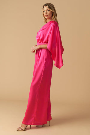 DOWN MEMORY LANE WOVEN SATIN JUMPSUIT.