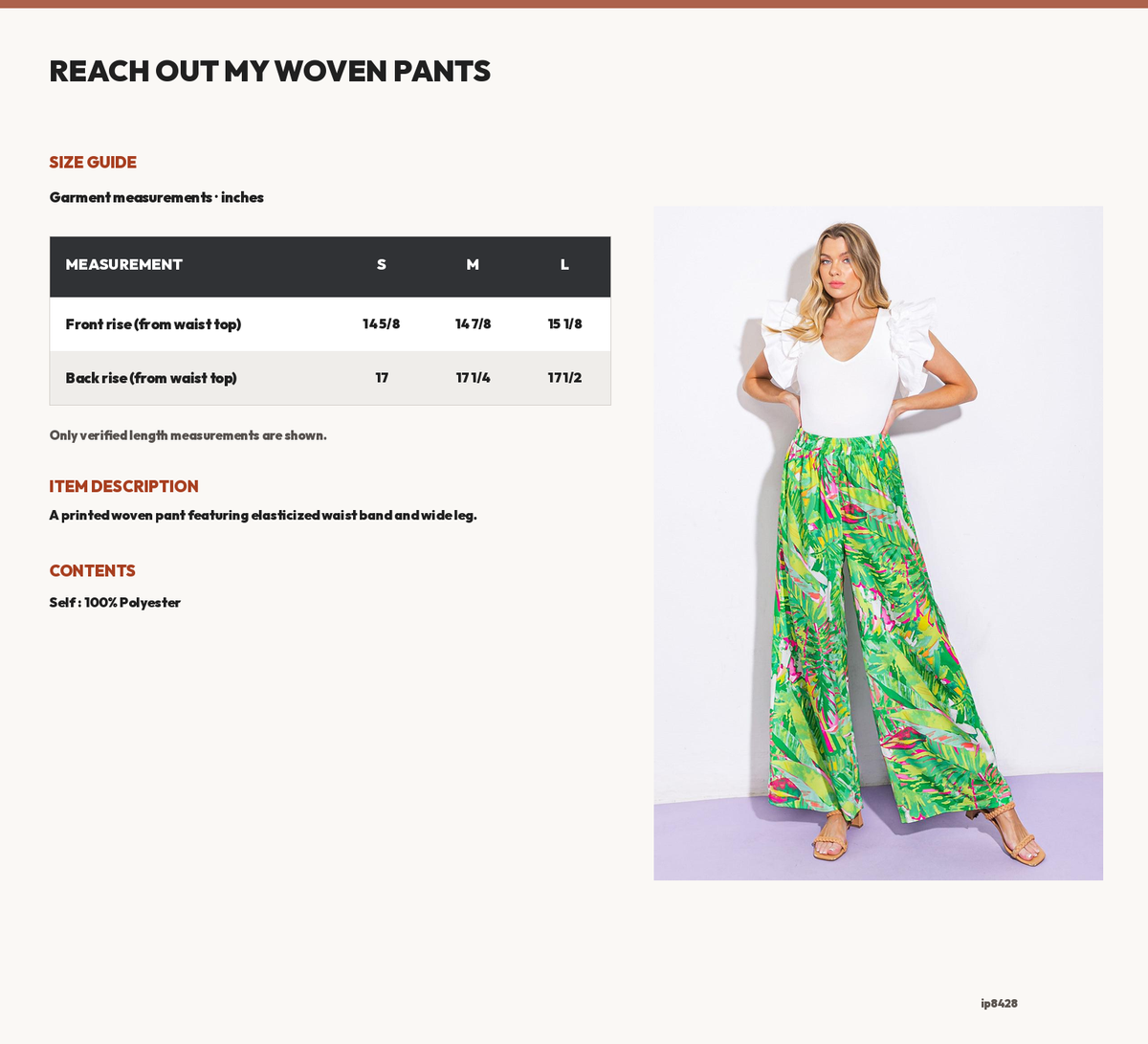 REACH OUT MY WOVEN PANTS size chart