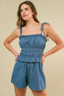 THRIVING ALL NIGHT DENIM ROMPER.