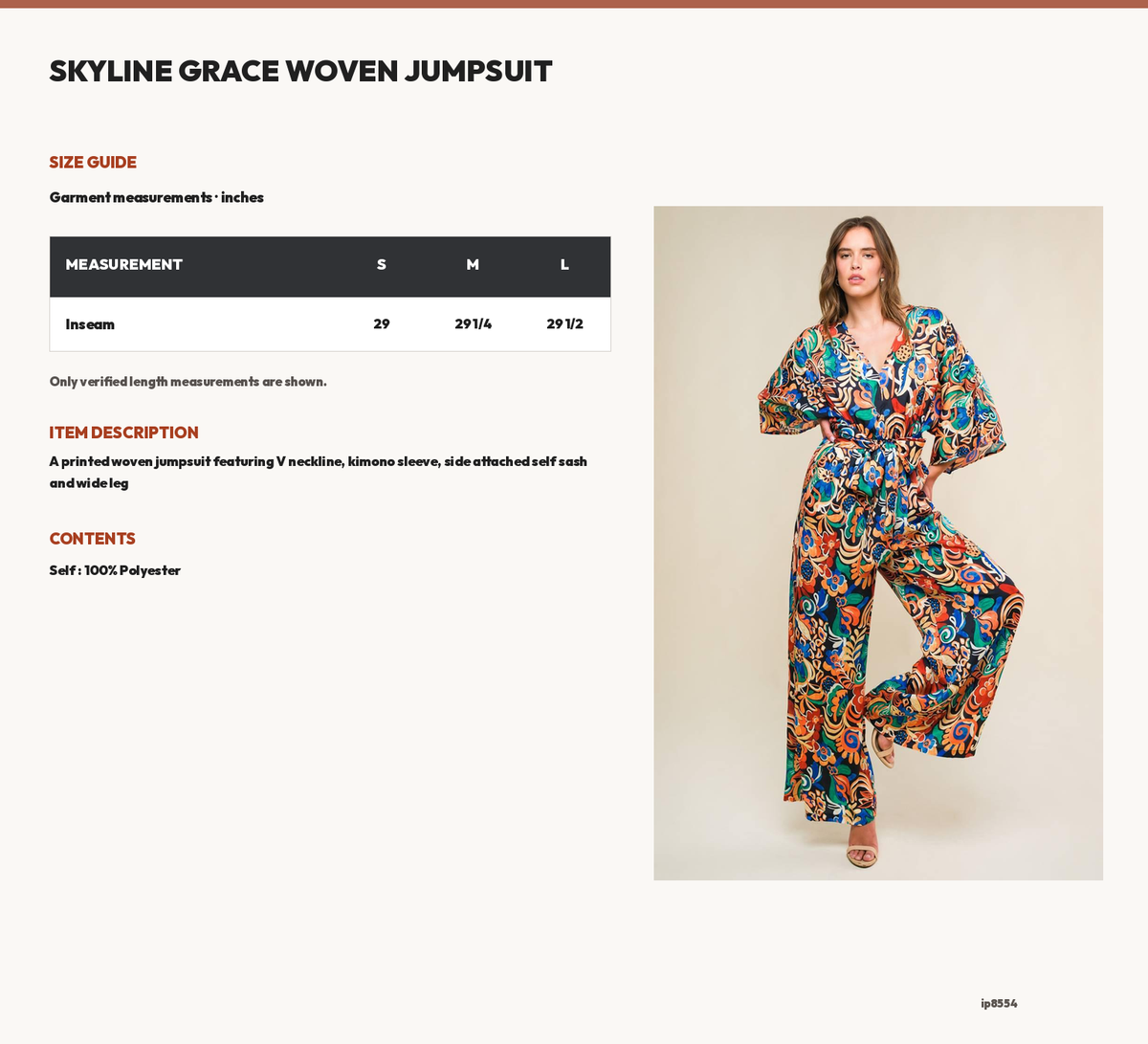 SKYLINE GRACE WOVEN JUMPSUIT size chart