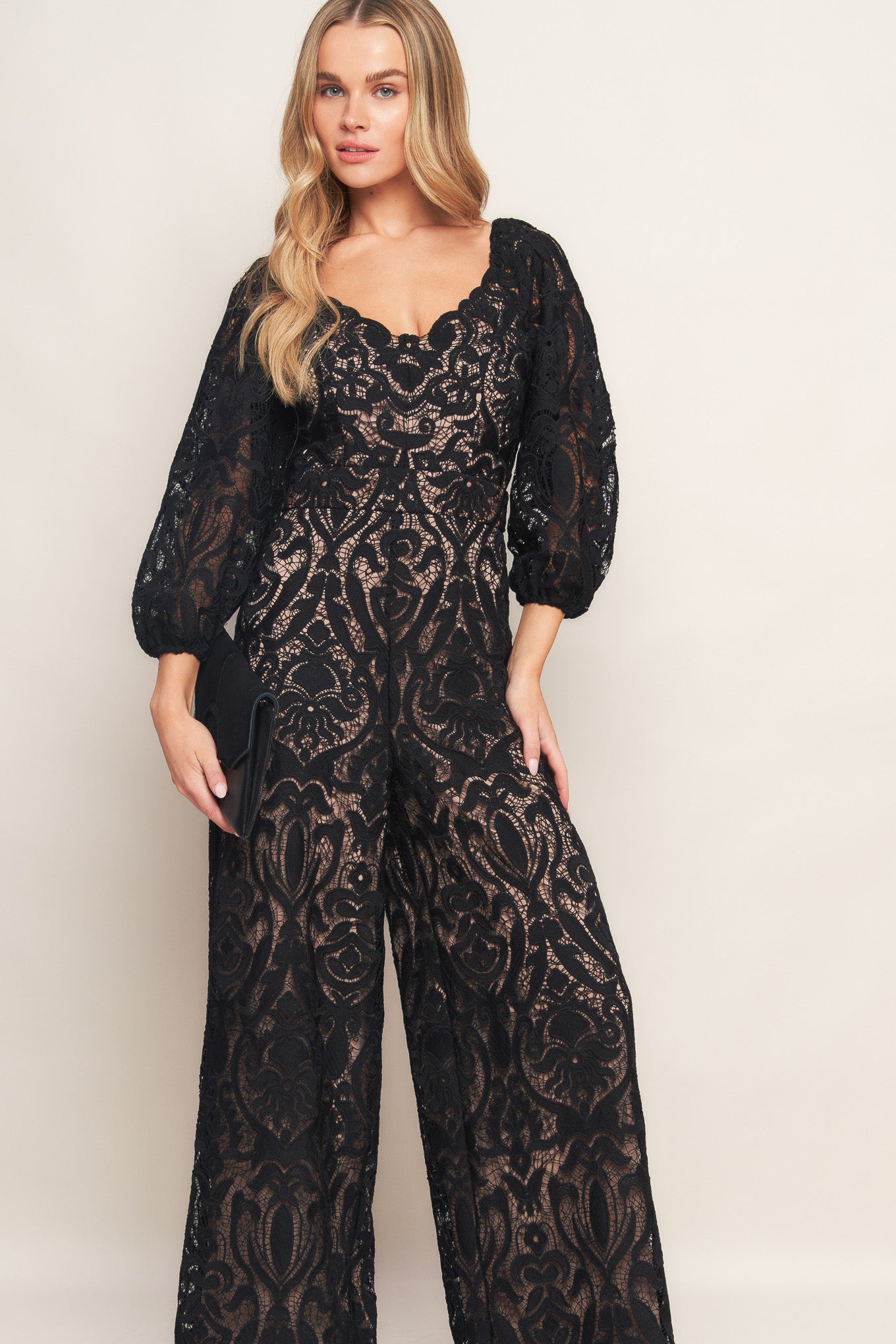 A woven lace jumpsuit featuring U neckline, 3/4 sleeve, wide leg and back zipper closure