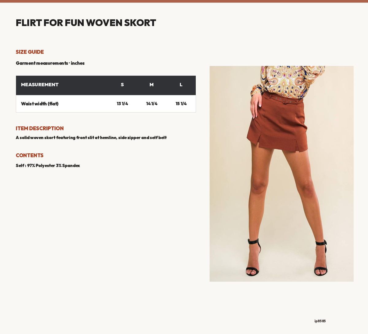 FLIRT FOR FUN WOVEN SKORT size chart