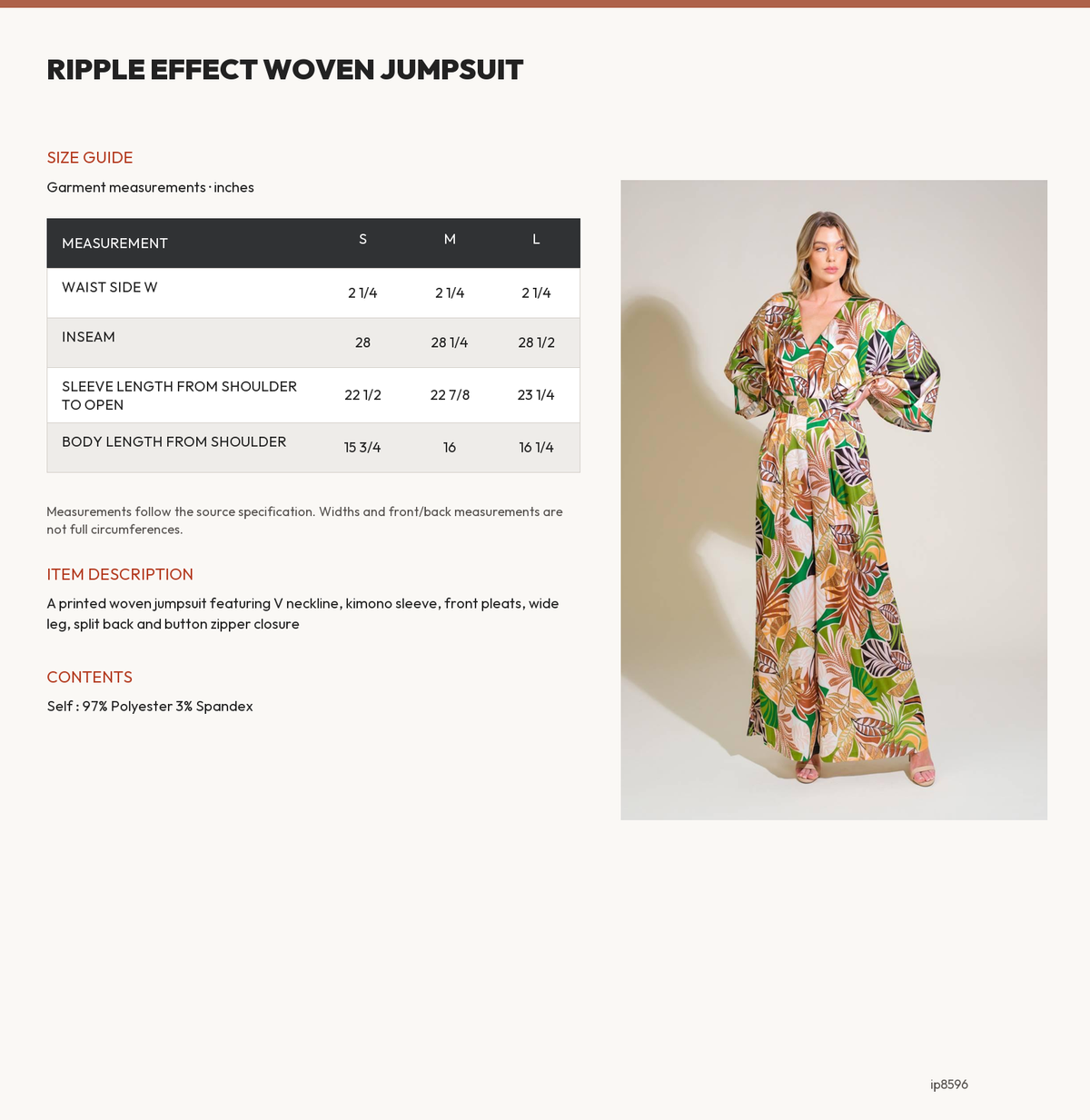 RIPPLE EFFECT WOVEN JUMPSUIT size chart