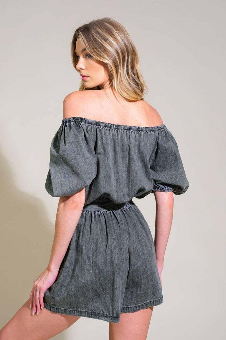 Flying Tomato Dark Wash Denim Embroidered Romper