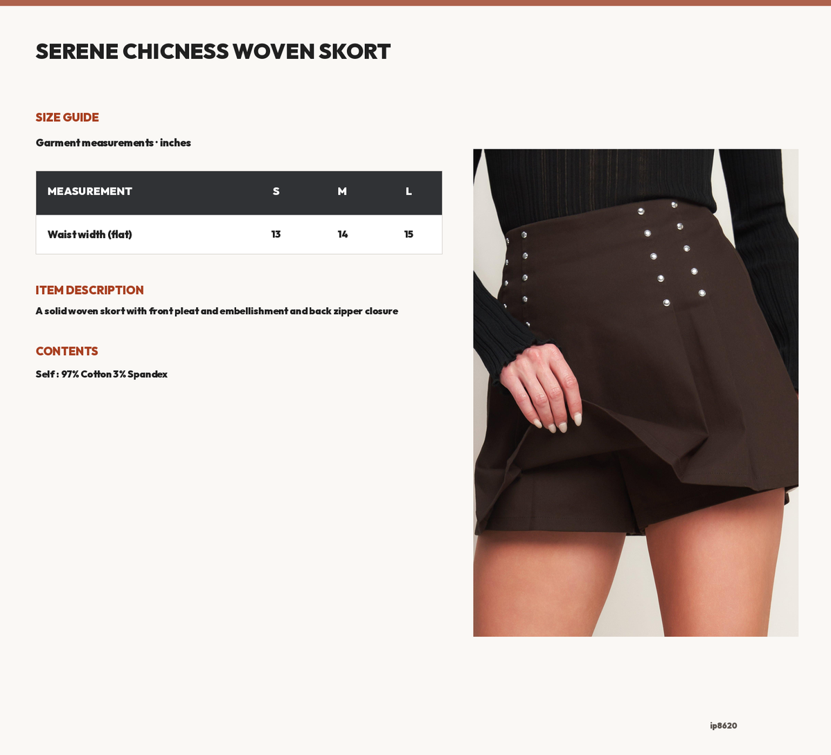 SERENE CHICNESS WOVEN SKORT size chart