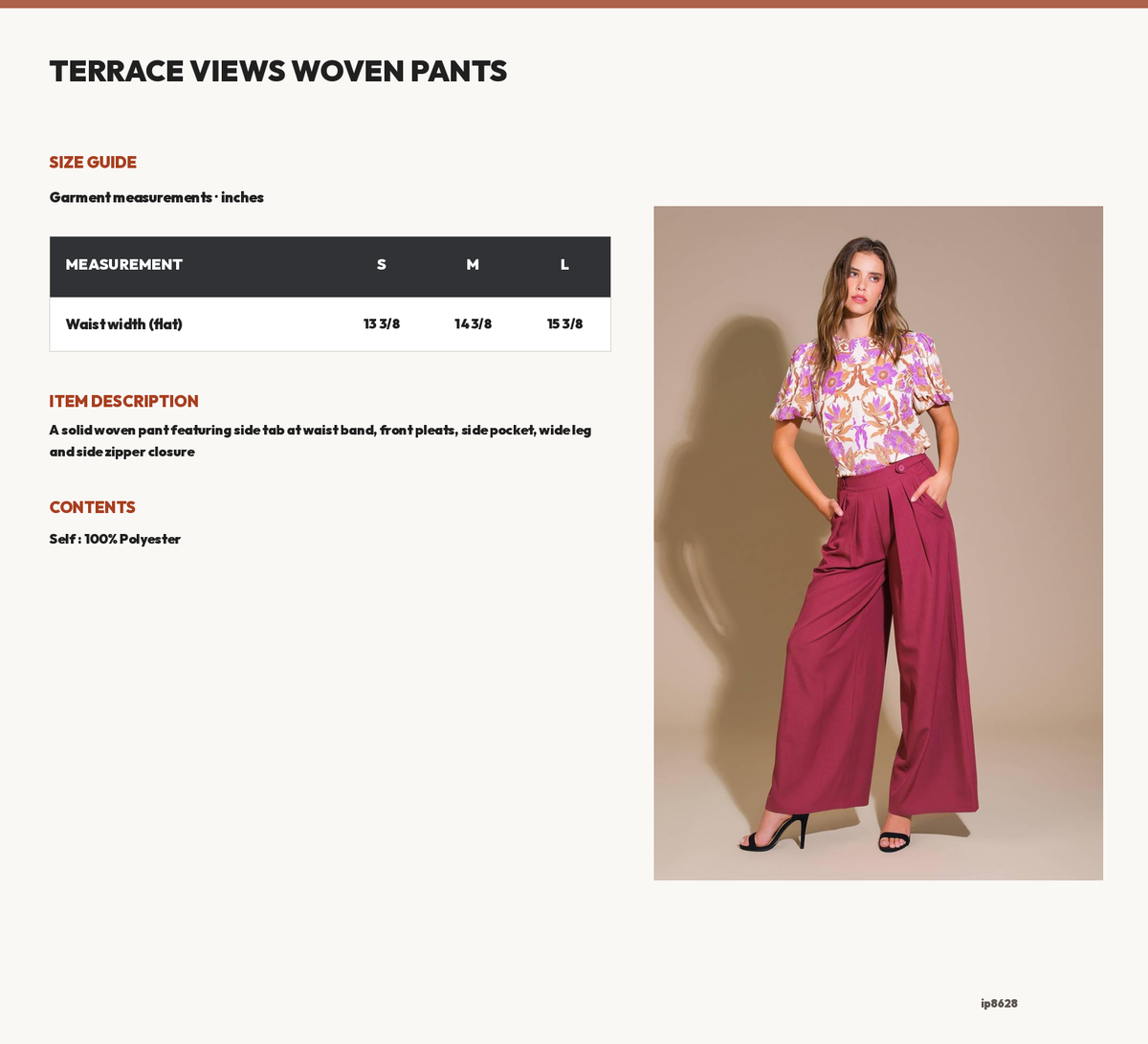 TERRACE VIEWS WOVEN PANTS size chart