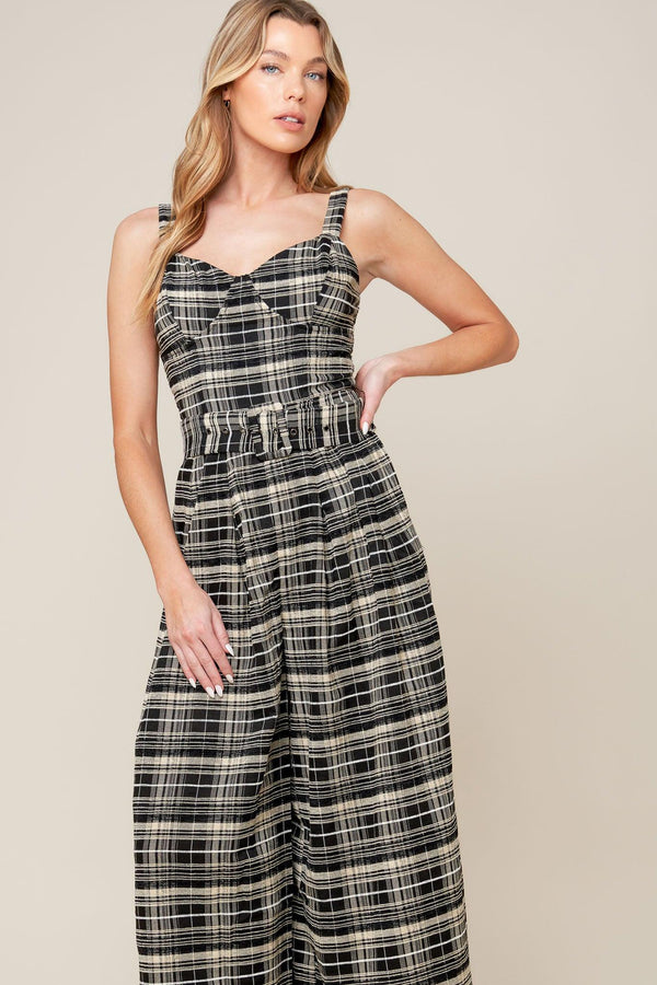 SAND DUNE WOVEN PLAID JUMPSUIT.