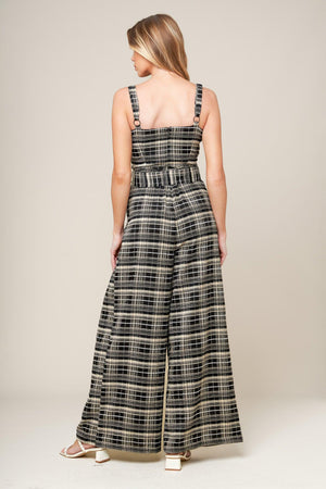 SAND DUNE WOVEN PLAID JUMPSUIT.