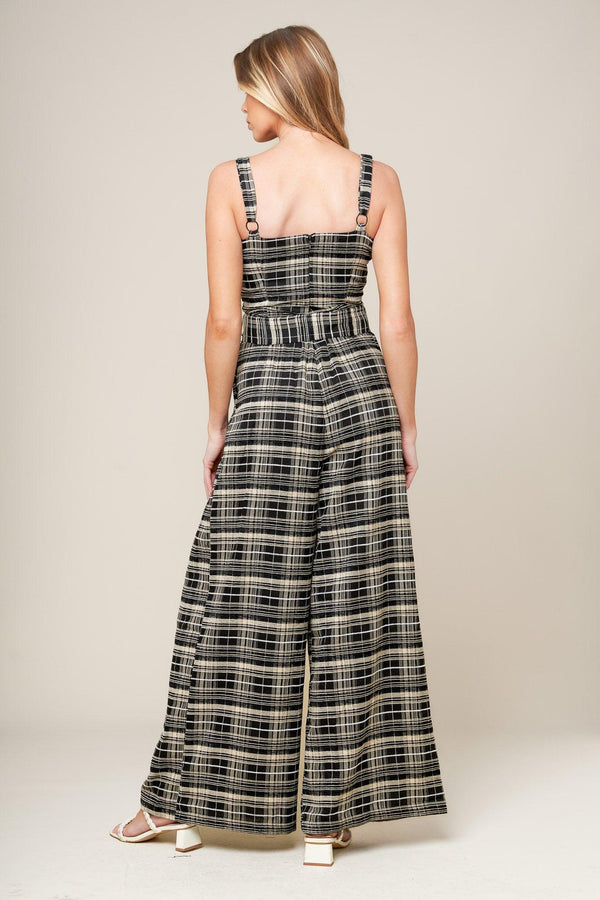 SAND DUNE WOVEN PLAID JUMPSUIT.