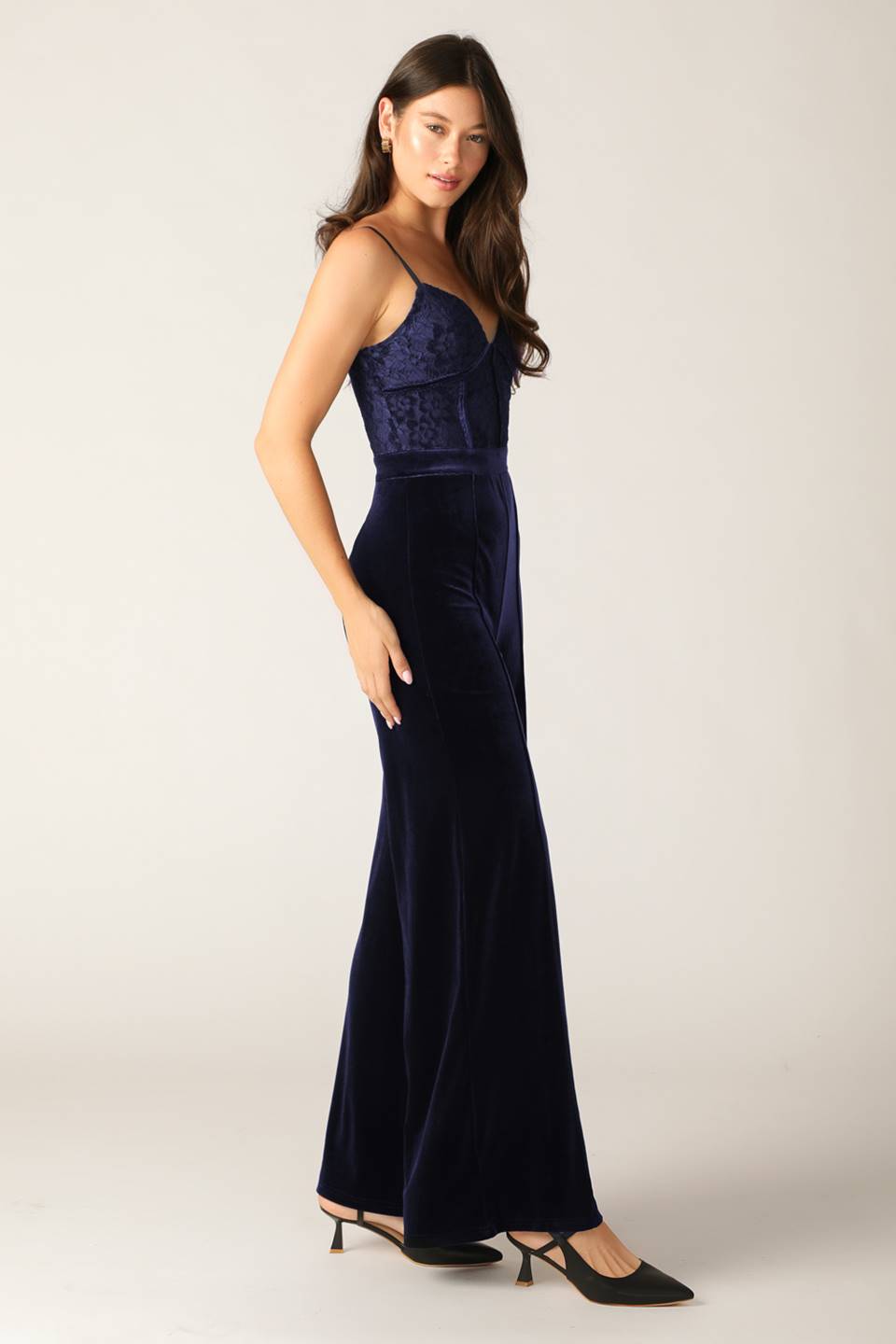 GLEAMING GLAM WOVEN LACE VELVET JUMPSUIT