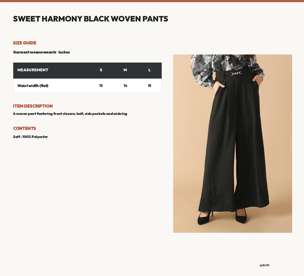 SWEET HARMONY BLACK WOVEN PANTS size chart