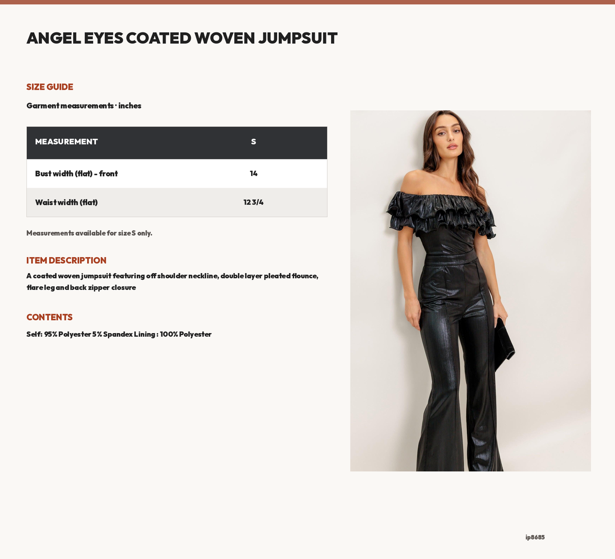 ANGEL EYES COATED WOVEN JUMPSUIT size chart