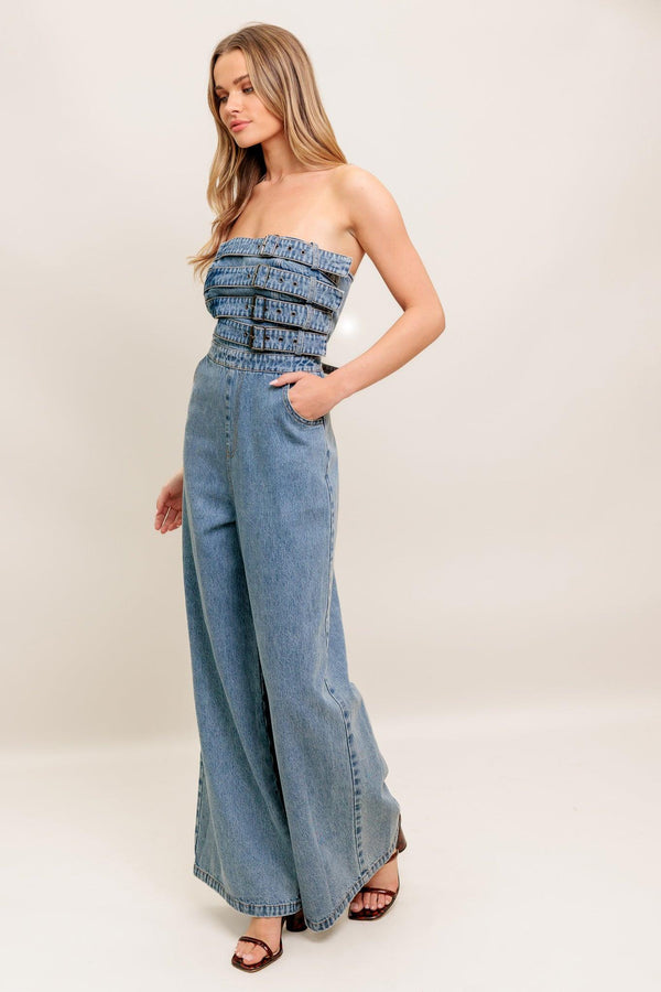 URBAN HARNESS DENIM JUMPSUIT.