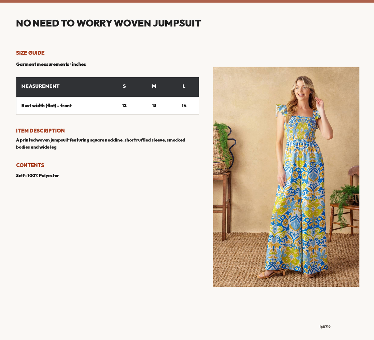 NO NEED TO WORRY WOVEN JUMPSUIT size chart