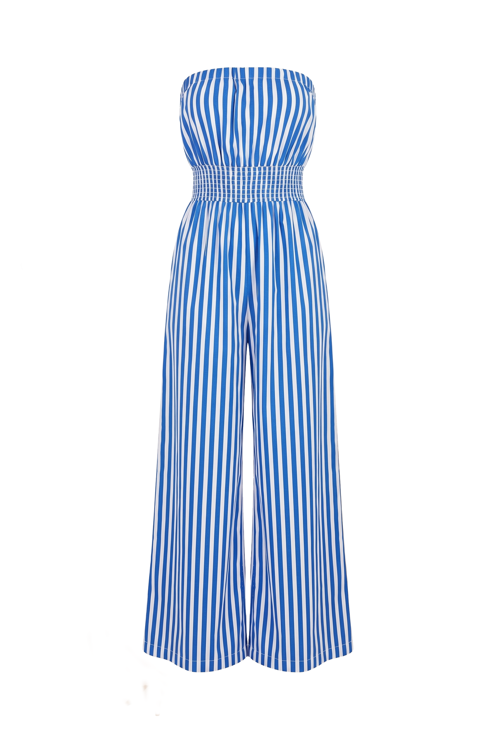 A strapless wide-leg jumpsuit with vertical blue and white stripes, featuring a smocked waistband, shown against a plain white background.