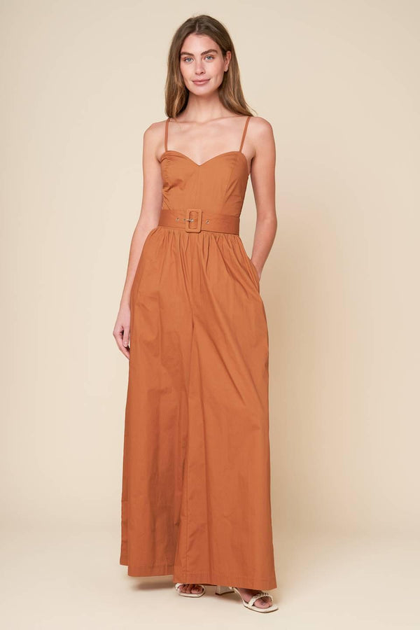 A stylish jumpsuit with a woven design and a cami top, complete with straps and a self belt. Also includes a smocked back bodice and wide leg for added comfort.