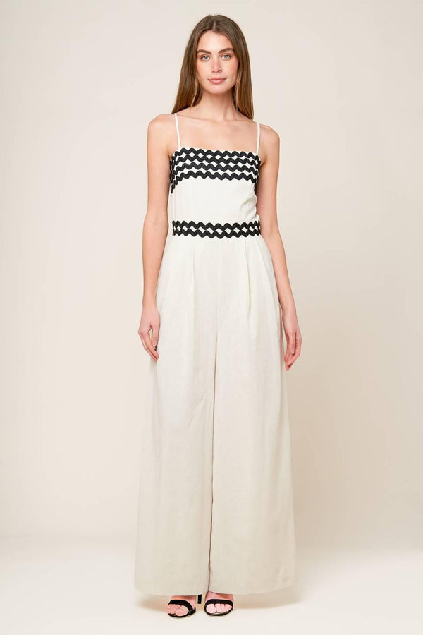 MEET AT THE PIER CREAM WOVEN JUMPSUIT.