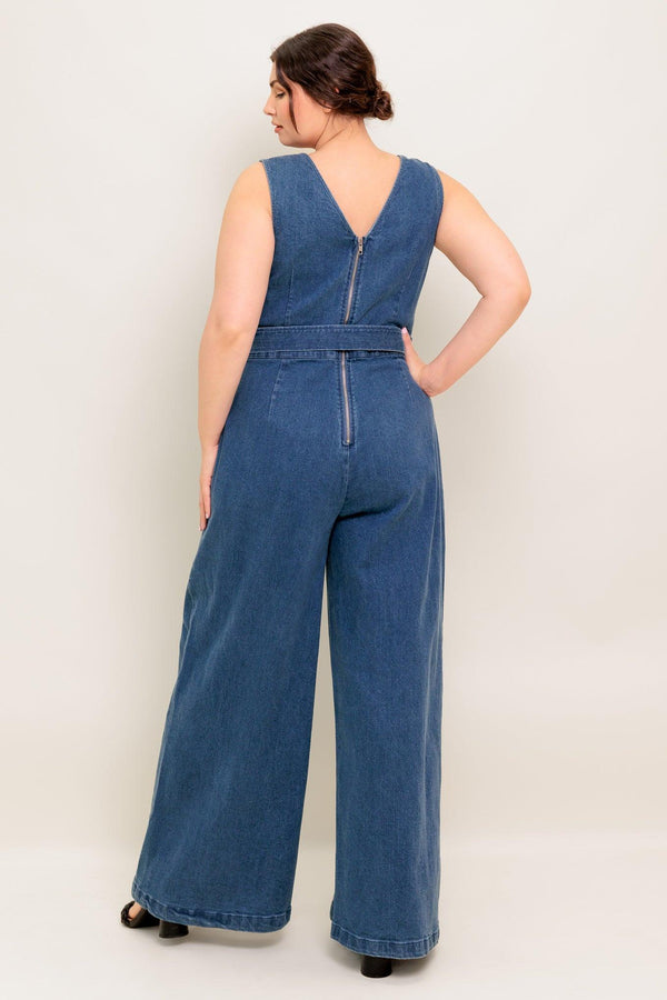WHERE THE NIGHT MEDIUM INDIGO DENIM JUMPSUIT.