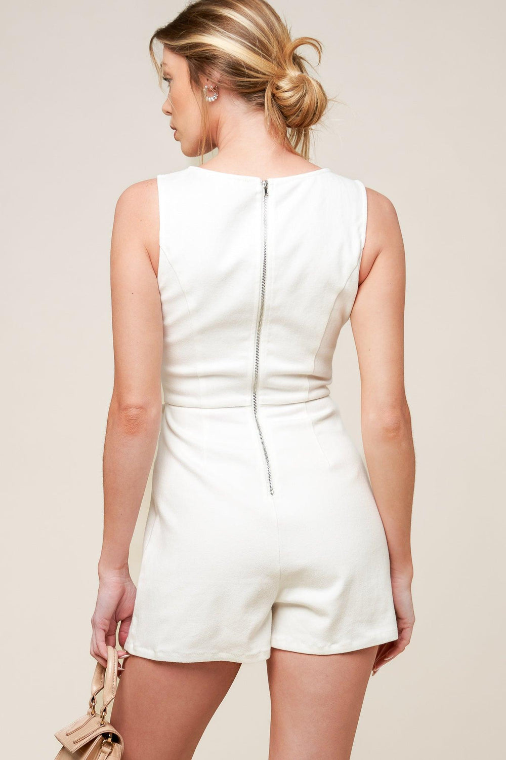OPEN MINDED DENIM WOVEN SKORT ROMPER.