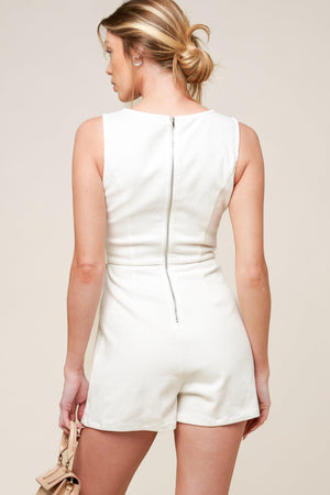 OPEN MINDED DENIM WOVEN SKORT ROMPER.