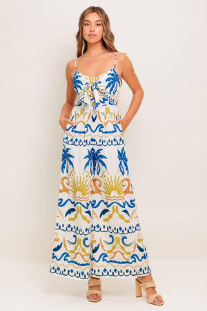 VACAY GLOW IVORY BLUE WOVEN JUMPSUIT.