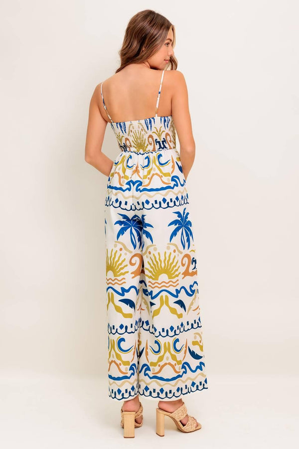 VACAY GLOW IVORY BLUE WOVEN JUMPSUIT.