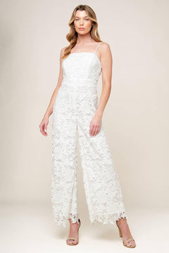 JUST ENOUGH OFF WHITE WOVEN LACE JUMPSUIT.
