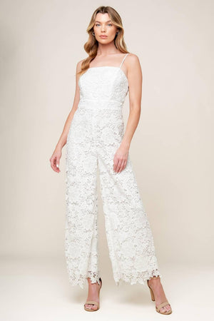 JUST ENOUGH OFF WHITE WOVEN LACE JUMPSUIT.