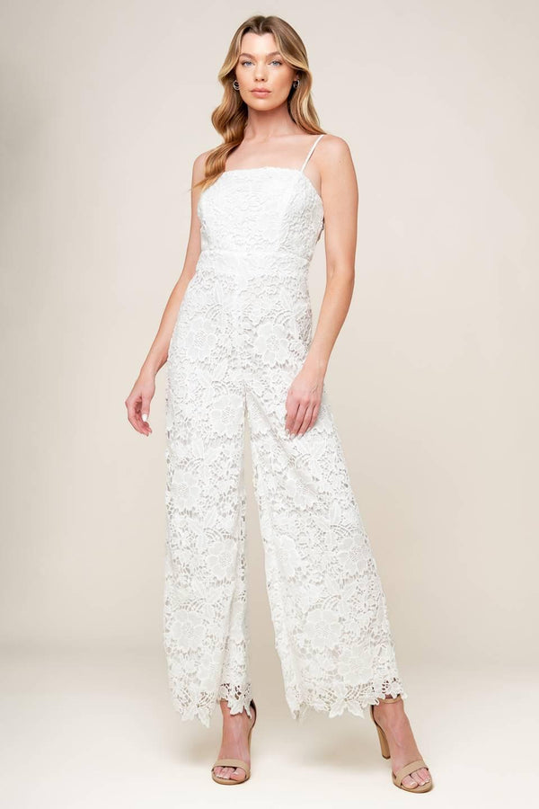 JUST ENOUGH OFF WHITE WOVEN LACE JUMPSUIT.